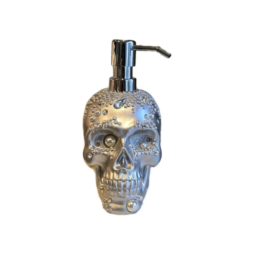 New Silver W/ Pearls Diamonds Skull Halloween Soap Dispenser Spooky Decoration